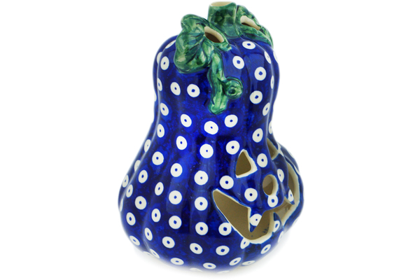 Polish Pottery Jack O Lantern Candle Holder 6&quot; Blue Eyes